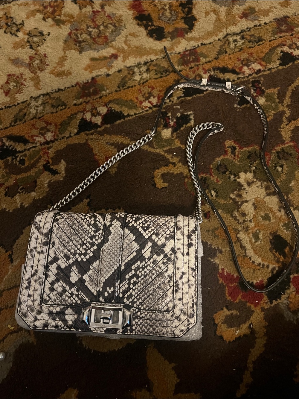 Rebecca Minkoff Black & White Snake-Print Crossbody with Silver Chain